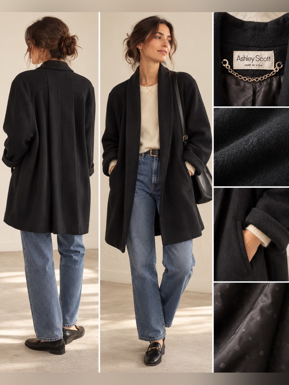 Vintage Ashley Scott Black Wool Blend Cocoon Swing Coat Made USA Oversized